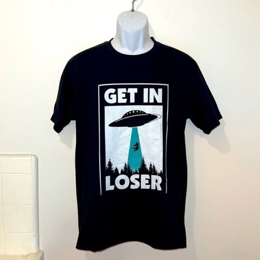 Unisex “Get in Loser” Alien Abduction Black Graphic Tee